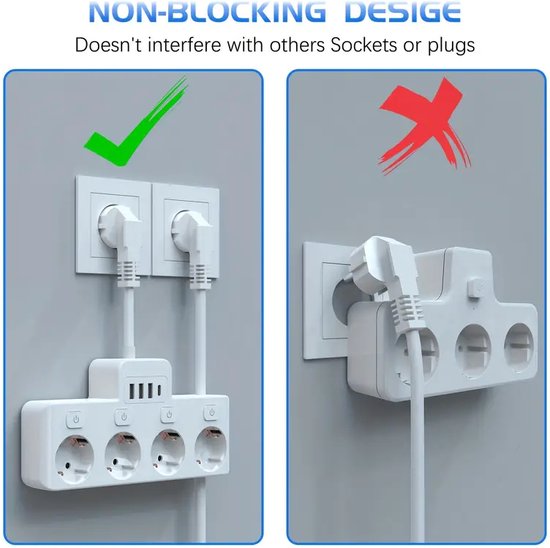 Stekkerdoos met overspanningsbeveiliging, 3 m, platte verlengkabel Nuetsa (1625 W/13 A) met 8 AC-stopcontacten en 4 USB-poorten, 2700 joule, voor thuis, school, universiteitsslaapzaal en
