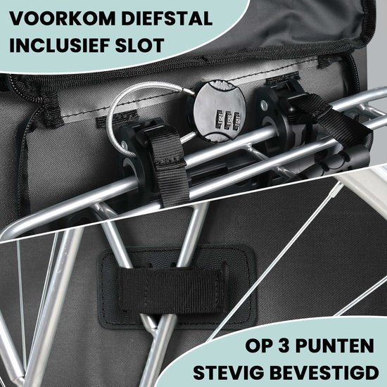 Bevestiging van zware fietsuitrusting met stevig kliksysteem en cijferslot.