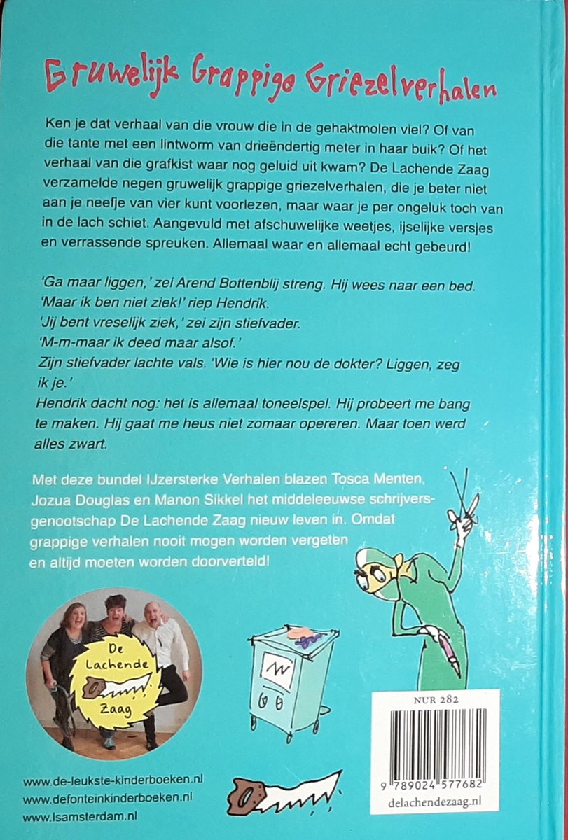 Achterkant boek met tekst over 'IJzersterke Verhalen - Gruwelijk grappige griezelverhalen'.
