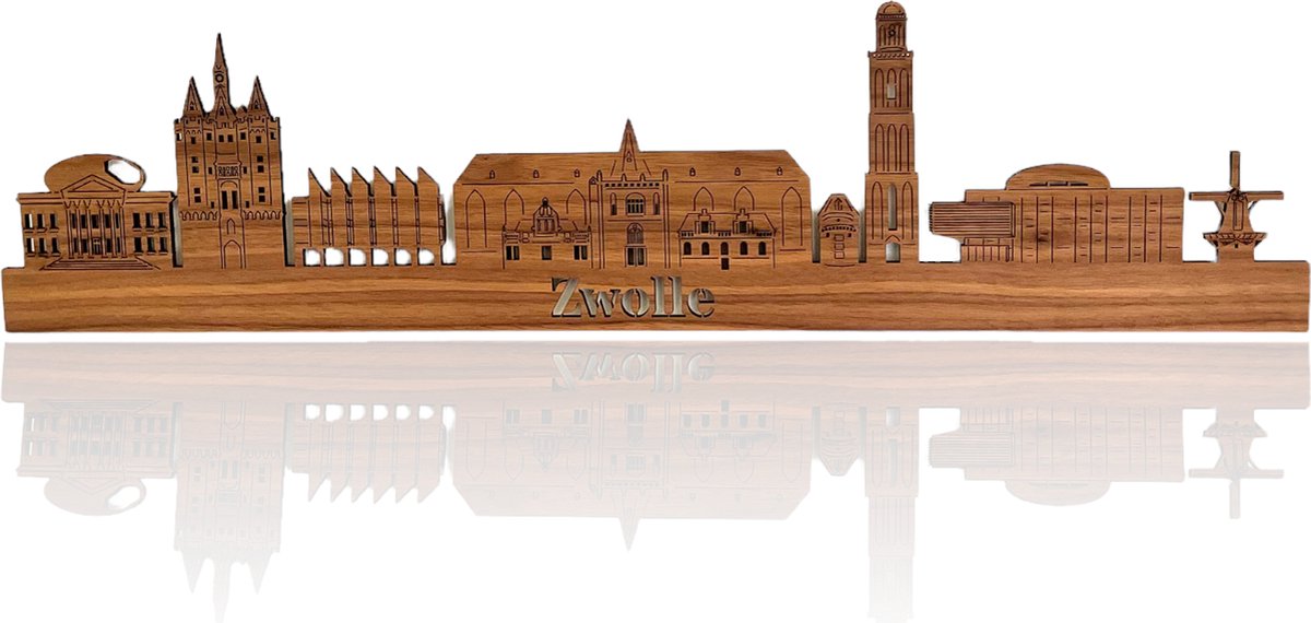 Skyline van Zwolle - Notenhout - 110cm - Wanddecoratie van hout
