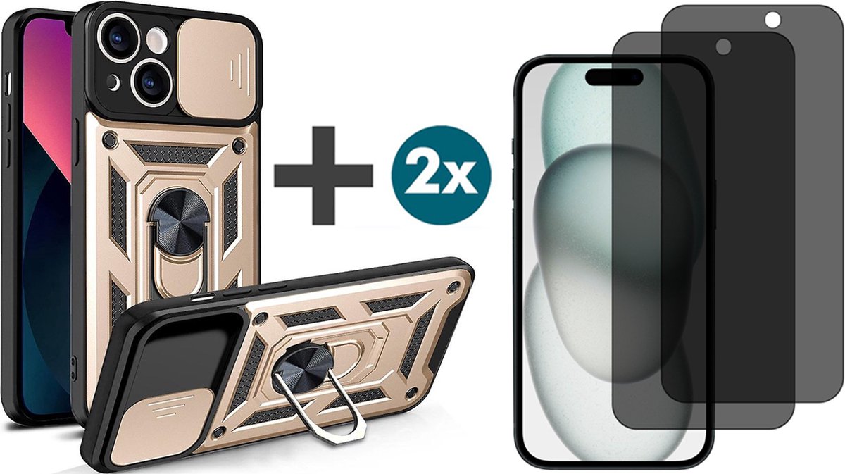 Hoesje met Privacy screenprotectors 2 stuks Geschikt voor iPhone 15 met Ringhouder en Camera schuifje - Arara backcover - Goud