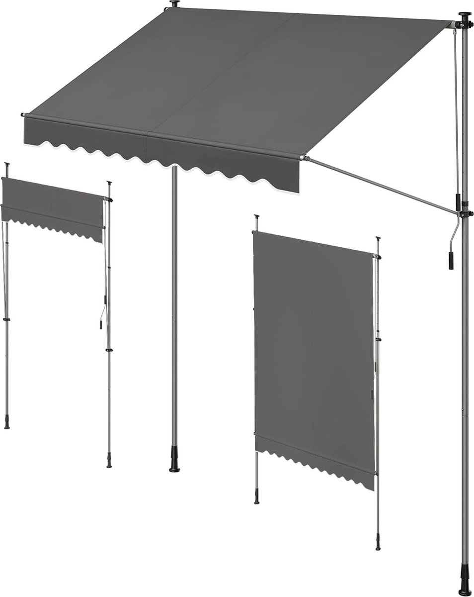 SONGMICS Klemluifel, balkonluifel, in hoogte verstelbaar, met handslinger, zonwering, voor balkon, terras, tuin, 250 x 120 cm, antraciet