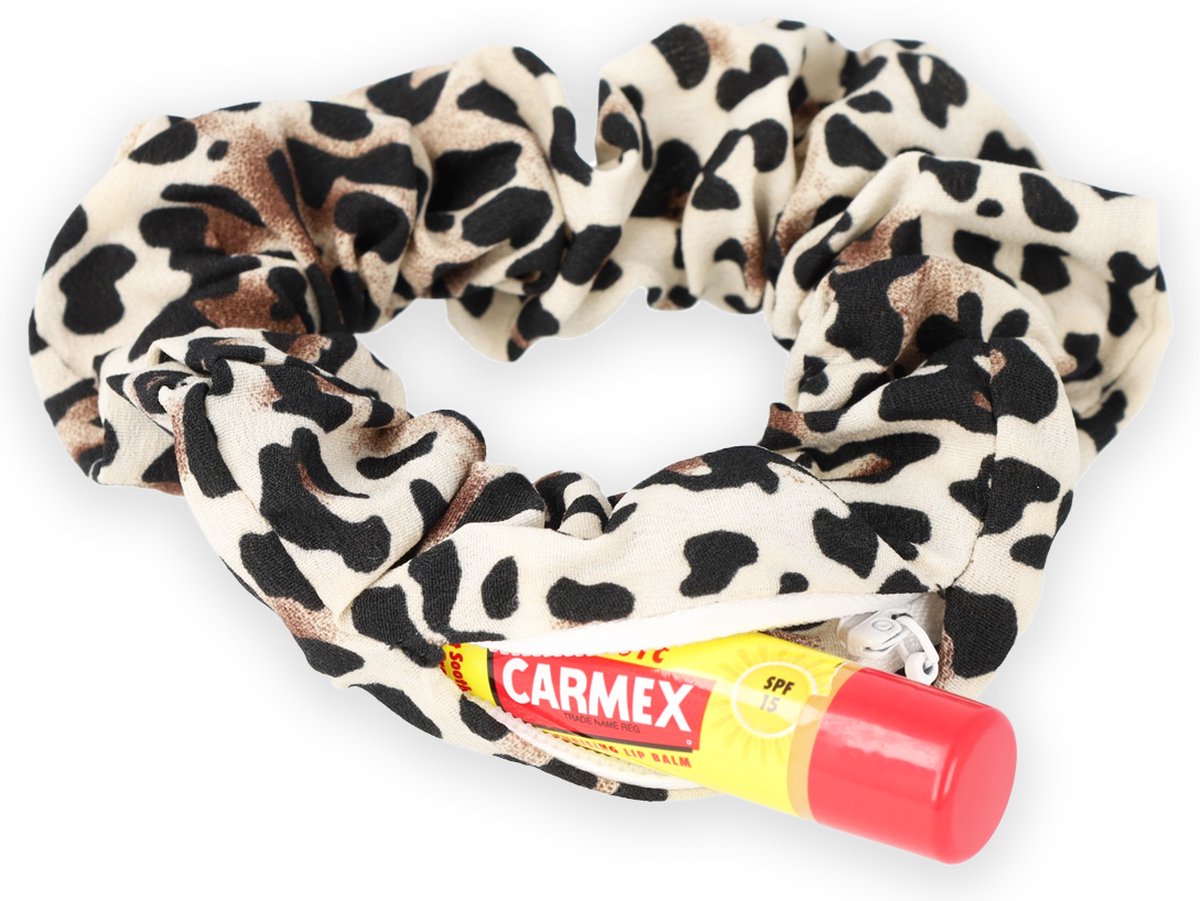 Lajetti - Scrunchie Panterprint met Rits - Zakje - Verstop Scrunchie - Haarelastiek Haaraccessoire