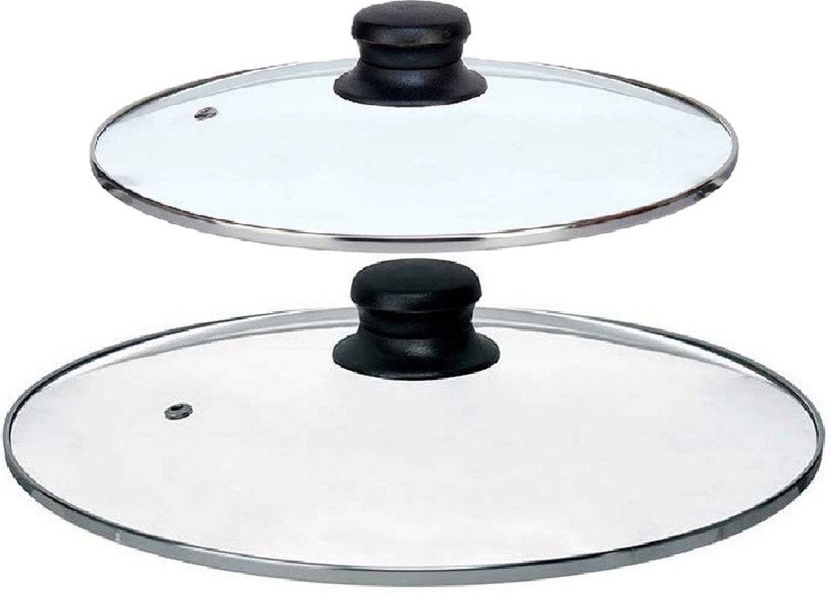 Kinvara Universele pannendeksel set - 2x stuks - Dia 28/24 cm - glas - stoomgaatje - voor diverse soorten pannen
