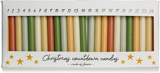 Cactula kerst advent aftel kaarsen set van 24 kaarsjes in verschillende kleuren 1,2 x 12 cm stearine