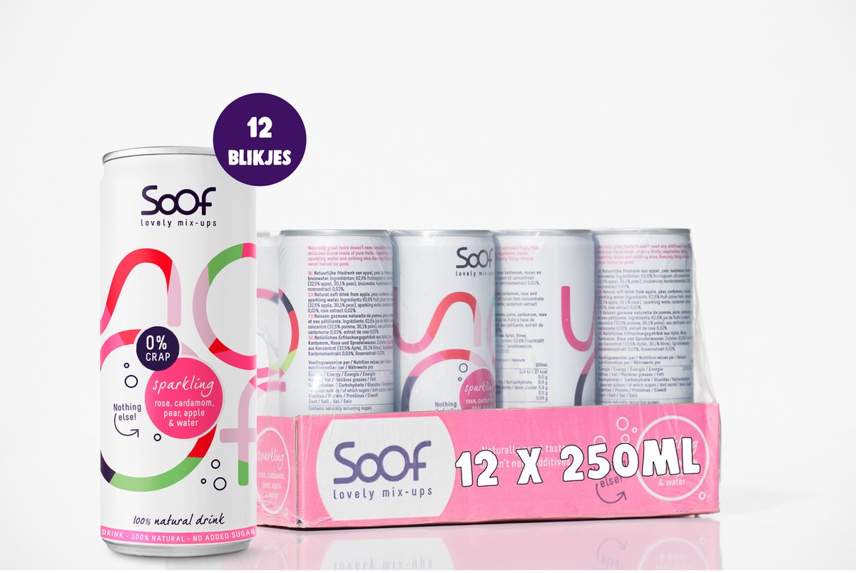 Soof Drinks - Frisdrank 0% Zooi - Sparkling - Roos, Kardemom, Peer & Appel - blikjes 12 x 250ml