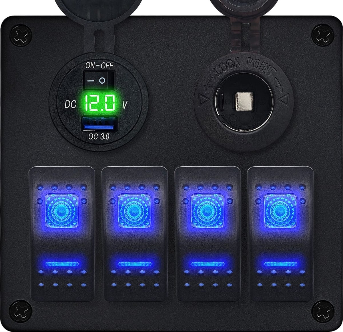 ProRide Schakelpaneel 12V voor Auto/Boot - USB Lader met Sigaretten stopcontact - 5V/2.4A - 4 schakelaars