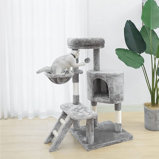 Beige/grijze krabpaal met nestje en hangmat