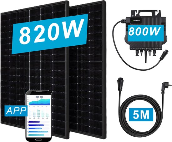 Foto: Balkonkrachtcentrale 820w 800w zonnepanelen compleet pakket 2x410w haitai zwarte zonnepanelen 1x growatt omvormer met app wifi zonnepanelen met stekker full black garantie plug play