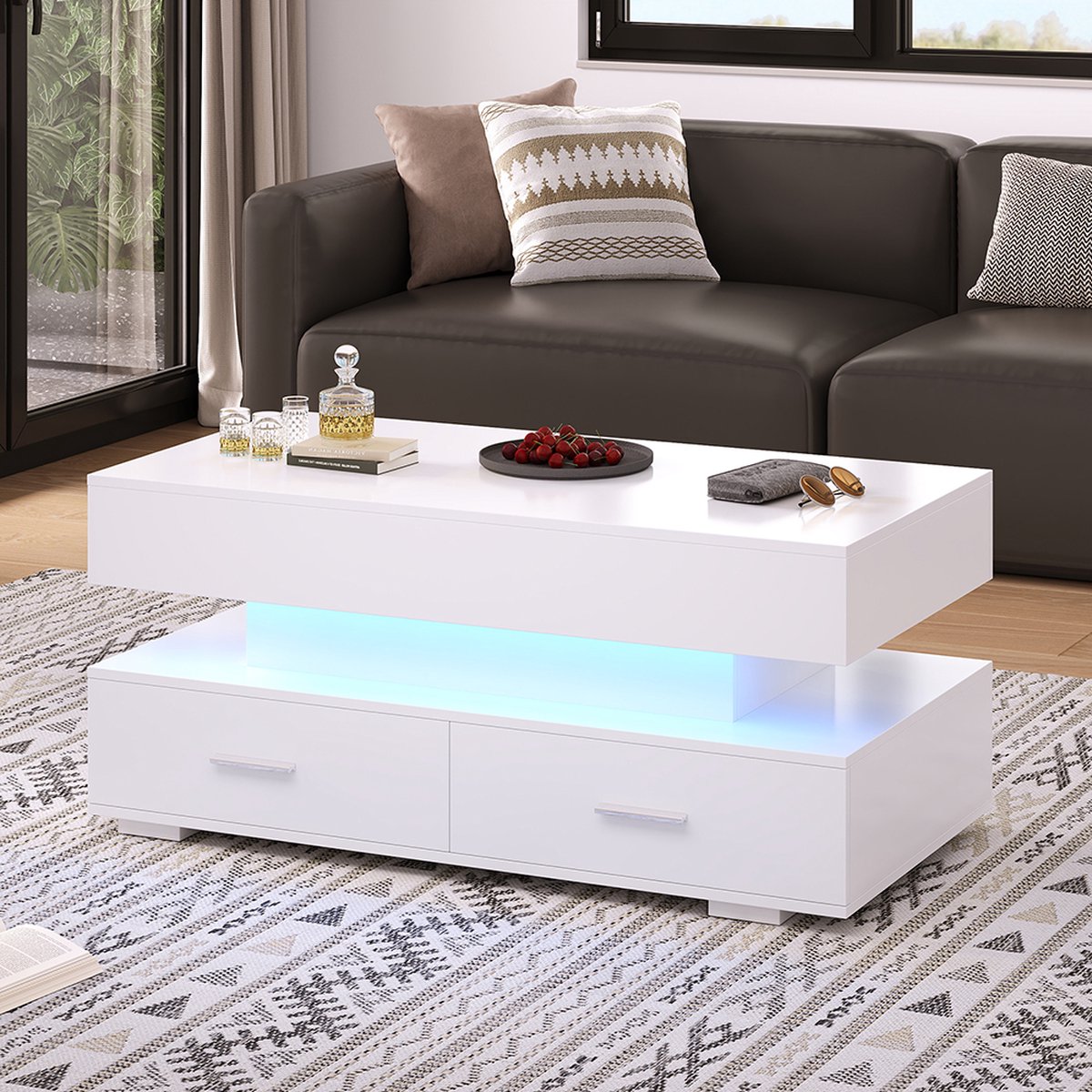 KOMHTOM Salontafel Hefbare Tafel LED verlichting Bluetooth APP bediening 2 laden en open opbergruimte wit