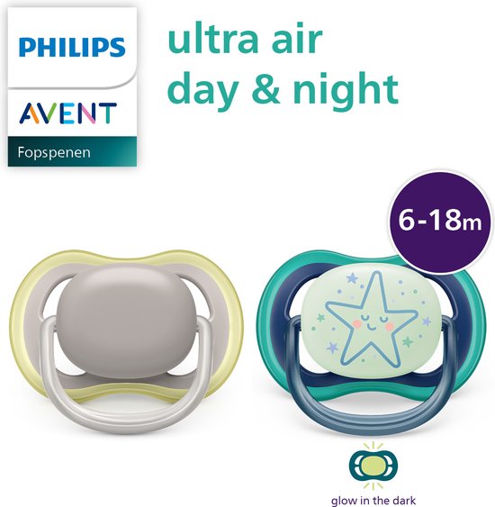 Philips Avent Ultra Air Day & Night 6-18 mois - 2 sucettes - bleu/gris - Pour jour et nuit SCF085/70