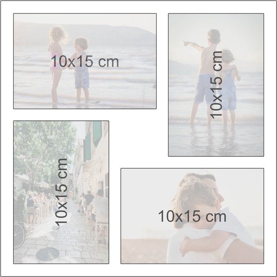 Mock-up: vier fotolijsten, 10x15 cm, met kinderen en een straatbeeld.