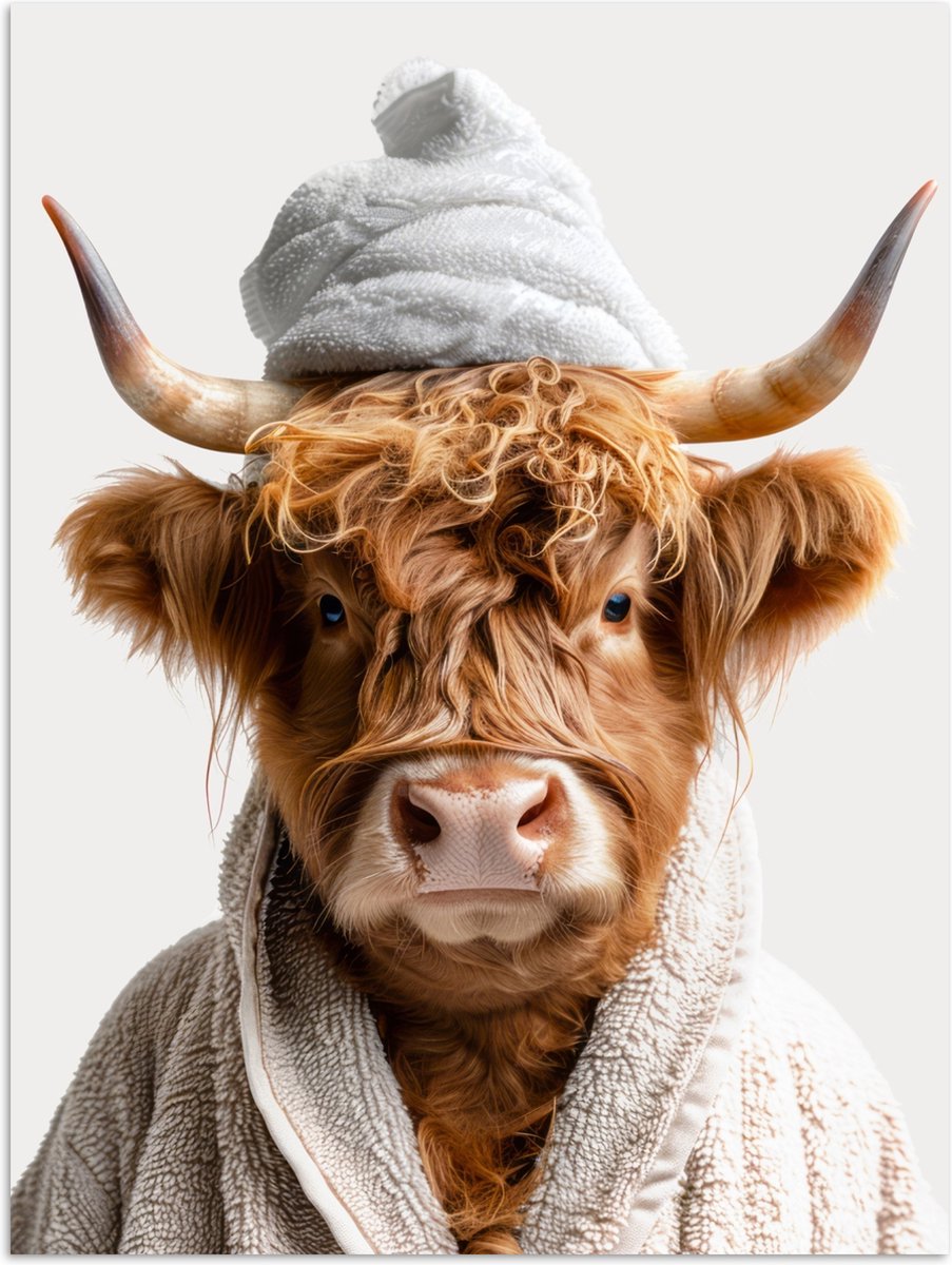 Poster 30x40 cm - Schotse hooglander - Badjas - Koe - Dieren - Posters - Wanddecoratie bad
