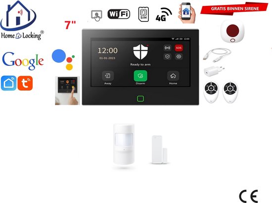 Home-Locking 7" alarmpaneel met touchscreen, Wi-Fi, SIM, 4G. Inclusief sirene, sensoren, afstandsbedieningen.