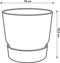Schematische tekening van een ronde bloempot met schotel, 14 cm breed en 13,4 cm hoog.