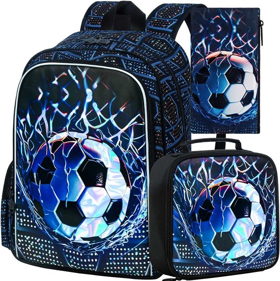 Foto: Set 3d voetbal rugzak lunchtas etui blauw reflecterend extra veilig waterdicht schooltas back2 school waterbestendig laptop rugzak a4 grote veelzijdige rugzak droom cadeau voor jongens unieke uv printtechnologie 3 d effect voetbaltas set