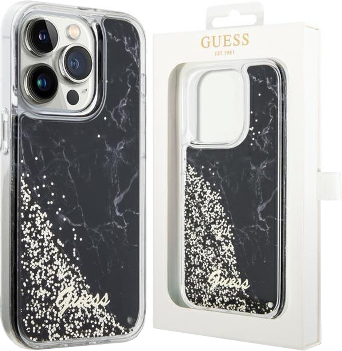 Guess - GUHCP14LLCSGSGK - hoesje voor iPhone - 14 - Pro - zwart - Liquid - Glitter - Marble