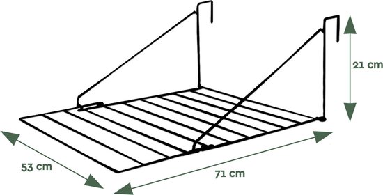 Zwart metalen droogrek met afmetingen 53x71x21 cm.