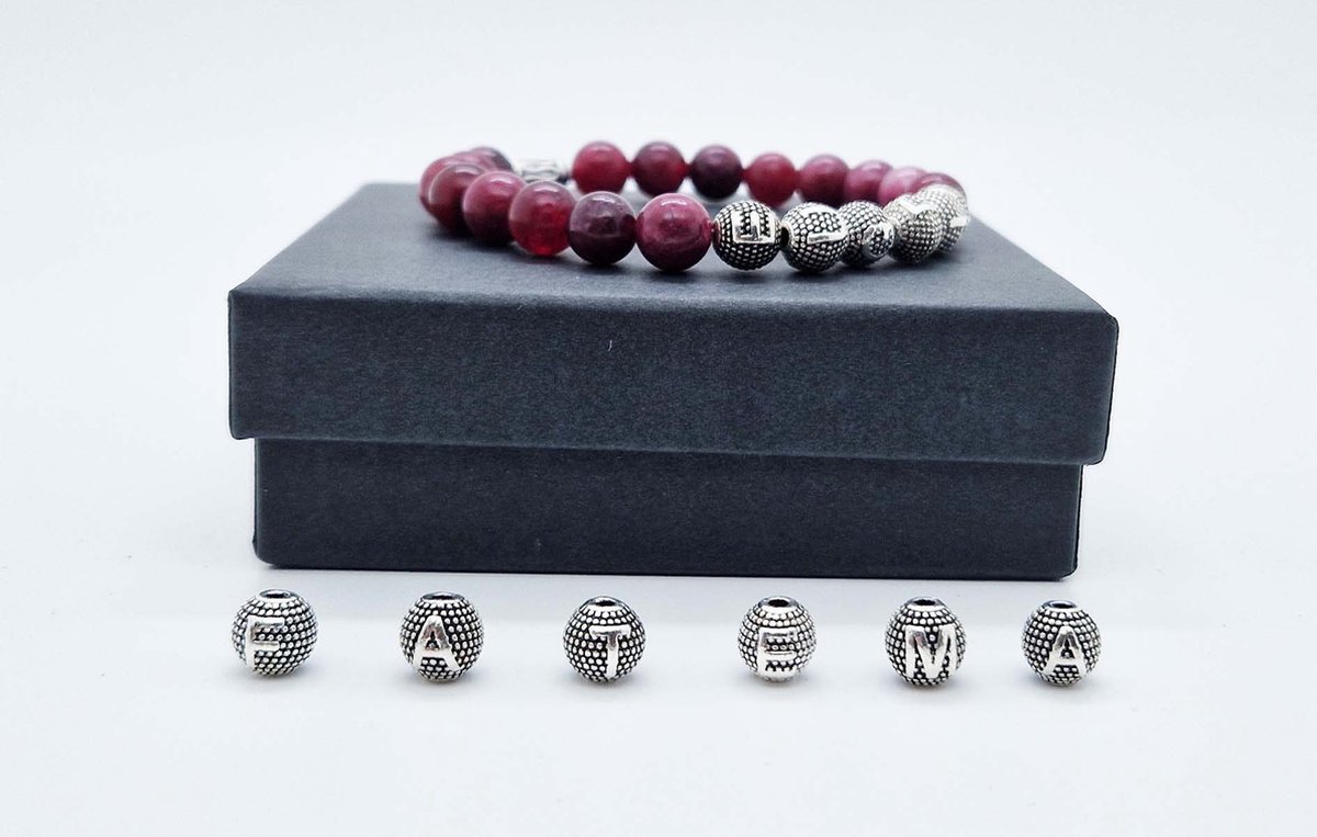 Handgemaakte Natuurstenen armband met metaal naam "Lepidolite" - Met je naam of de naam van uw geliefde- 8 mm diameter van de korrel- Diameter armband 20 cm - Een mooi cadeau voor familie en vrienden