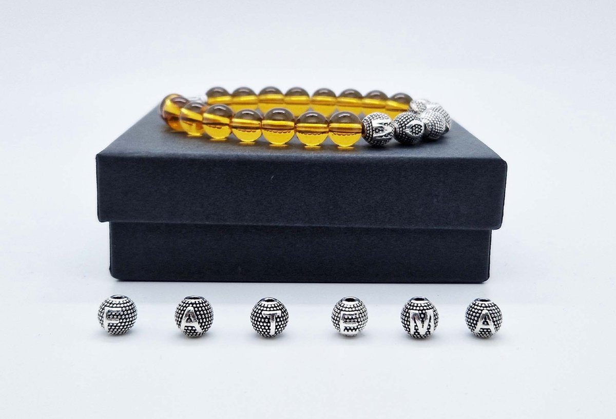 Handgemaakte Natuurstenen armband met metaal naam "Citrine" - Met je naam of de naam van uw geliefde- 8 mm diameter van de korrel- Diameter armband 20 cm - Een mooi cadeau voor familie en vrienden