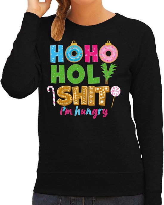 Bellatio Decorations Foute Kersttrui/sweater voor dames - hohoholy shit - honger - zwart - hilarische kerst L