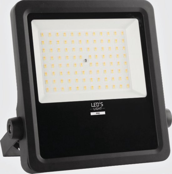 Zwarte LED-schijnwerper met wit verlichte 'LED'S LIGHT PRO' logo op de voorkant.