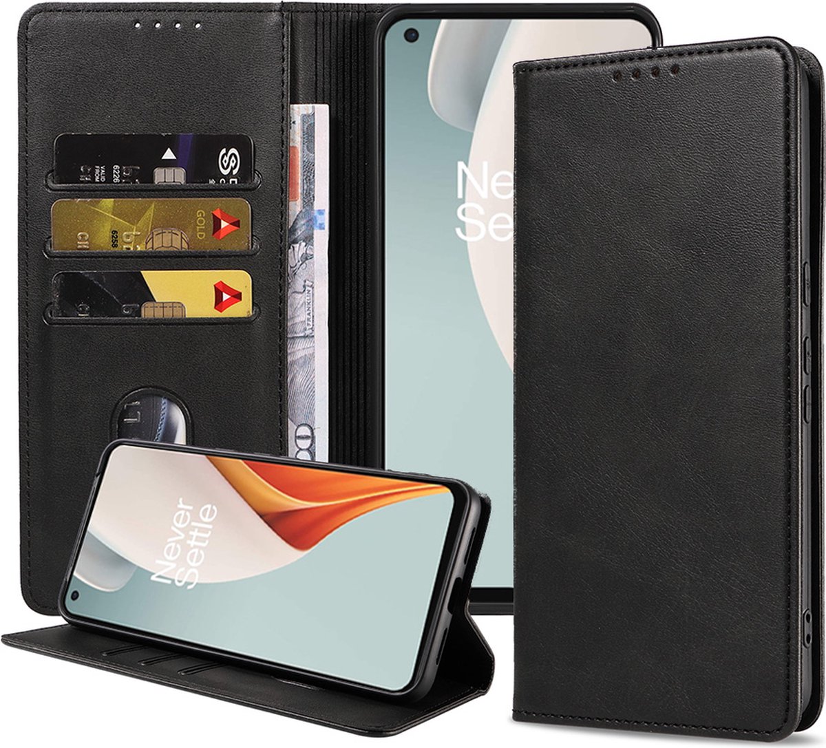 Smartphonica Telefoonhoesje geschikt voor OnePlus Nord N100 kunstleren Hoesje met Magnetische sluiting en Pasjeshouders Book Case met Klepje - Zwart geschikt voor OnePlus Nord N100