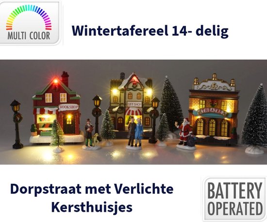 Dorpstraat met Verlichte Kersthuisjes - Wintertafereel- LED -14delig