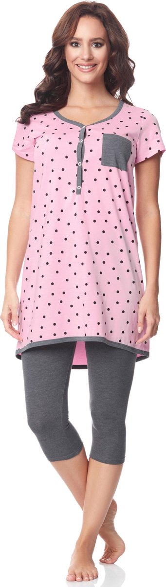 Be Mammy BeMammy Dames Zwangerschapspyjama - Korte mouwen - Korte broek met borstvoedingsfunctie - Katoen - BE-BE20-177-PJ - Roze-Punten-Grijs