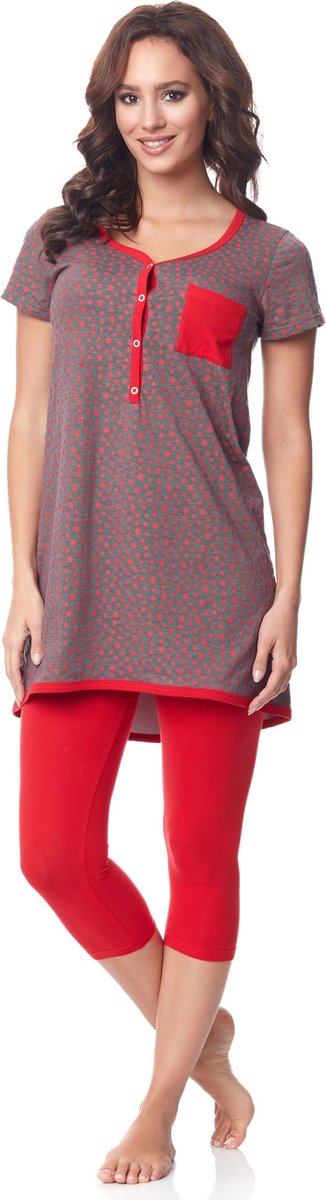 BeMammy Dames Zwangerschapspyjama - Korte mouwen - Korte broek met borstvoedingsfunctie - Katoen - BE-BE20-177-PJ - Grijs-Sterren-Rood - S