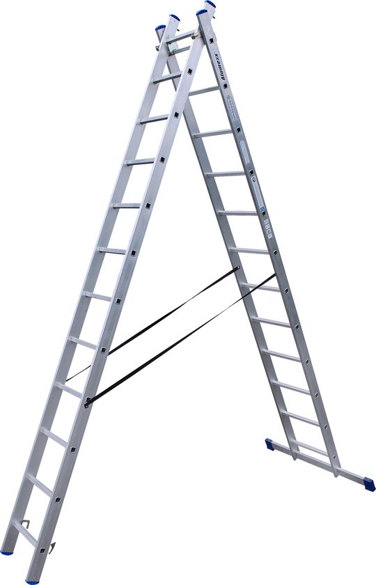 Aluminium reformladder A-model, met zwarte spanbanden en blauwe antislipvoetjes.