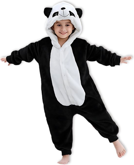 BoefieBoef Dieren Onesie Verkleedkleding Kinderen 5-9 jaar – Comfortabele Kostuum Pyjama – Maat 120 tot 140 – Dierenpak voor Jongens en Meisjes – Feest, Carnaval Verkleedkleding - Kerst, Dierenpak - of Verjaardag Cadeau - Panda wit zwart