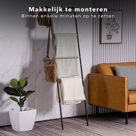 Cheqo® Porte-serviettes sur pied - Échelle décorative - Échelle à serviettes - Support mural - Porte-vêtements - Autonome - Métal Zwart et bois - 160 cm - Porte-échelle de salle de bain