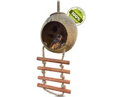 Namture - Kokosnoot Vogelvoederhuisje - 100% Natuurlijk - Inclusief Houten Trapje - Voederhuisje Hangend - Vogelhuisje - Voederhuisje Voor Vogels
