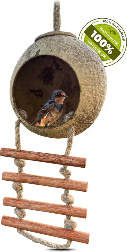 Namture - Kokosnoot Vogelvoederhuisje - 100% Natuurlijk - Inclusief Houten Trapje - Voederhuisje Hangend - Vogelhuisje - Voederhuisje Voor Vogels