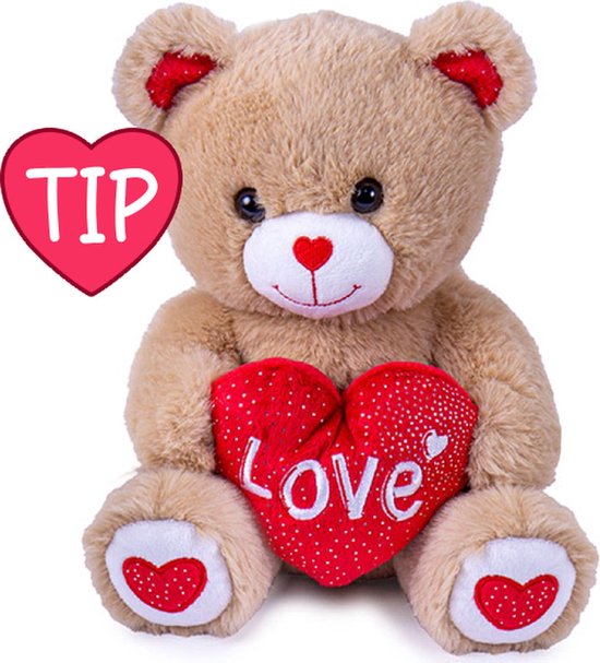 Teddybeer Snoezel (Bruin) met Hart "I Love You" 22 cm [Liefdes versiering – valentijnsdag cadeautje man vrouw hem haar – valentijnskaart – i love you knuffelbeer – rozenblaadjes rozen beer - rose bear valentijnsdag kadootjes - teddybeer met hartje]
