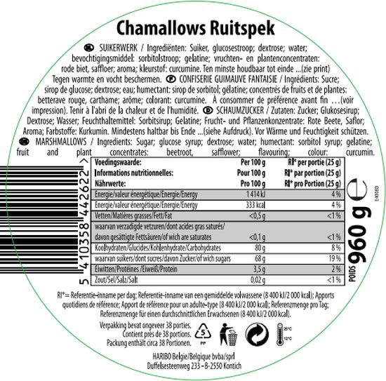 Voedingswaarde-informatie voor Haribo Chamallows Ruitspek, met per 100g en per portie van 25g.