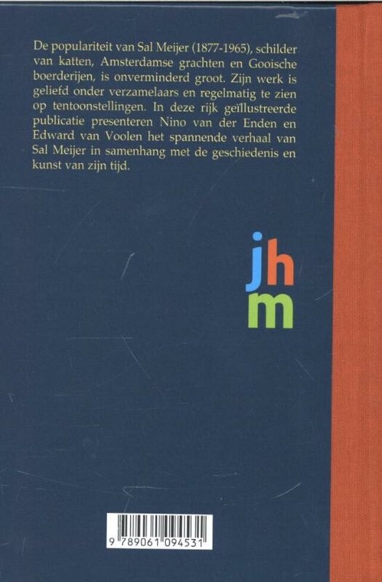 Achterkant van een boek met tekst over Sal Meijer en logo 'jhm'.