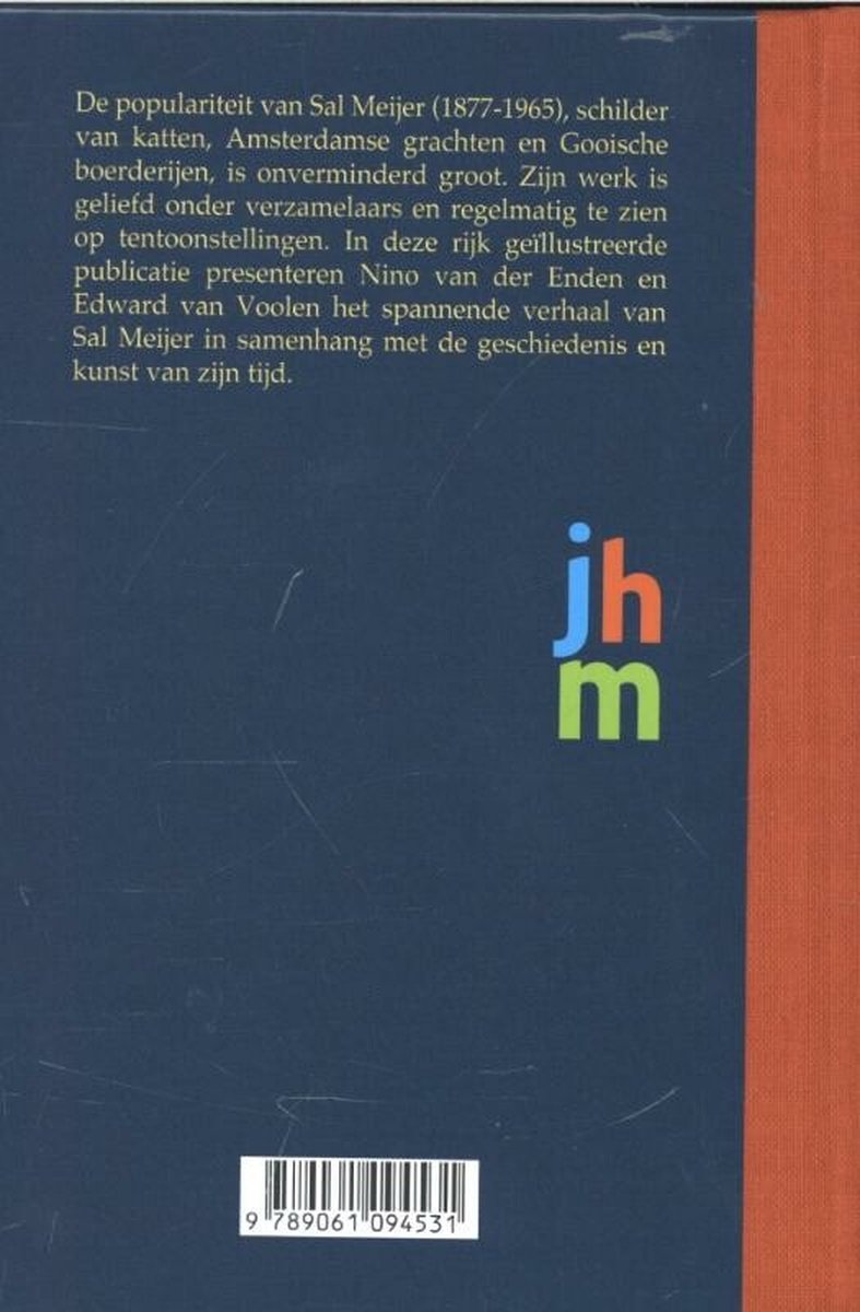 Achterkant van een boek met tekst over Sal Meijer en logo 'jhm'.
