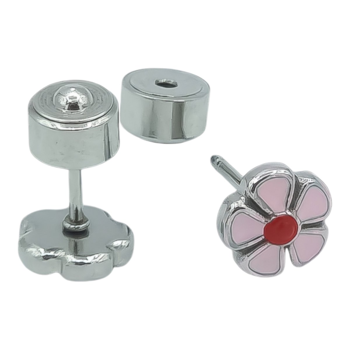 Roze bloem oorbellen voor meisje - Kleine oorknopjes 7 mm - Premium staal in kleur zilver
