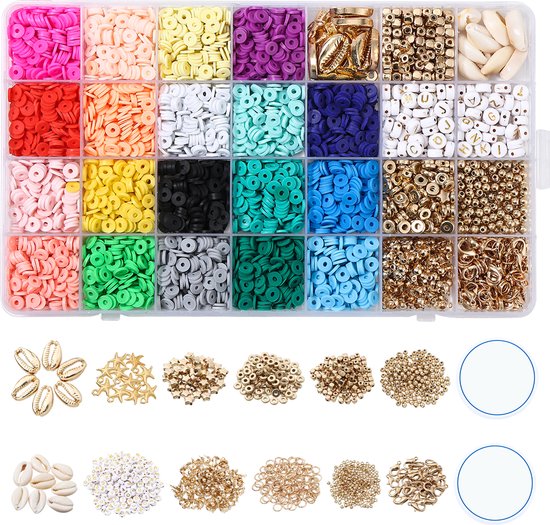 Behave Premium Katsuki Kralen Set - Polymeer kralen - Kralenset - Platte kralen - Goudkleurig - Bedels - 28 Vakjes - 19 Kleuren - 6mm - Veel accessoires
