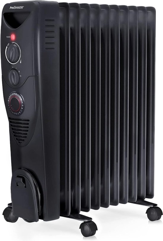 Pro Breeze 2500W Elektrische Kachel - Krachtige Olieradiator tot 26 m2 - Ingebouwde 24-uurs Timer, 3 Standen, Regelbare Thermostaat en Veiligheidsuitschakeling - Zwart