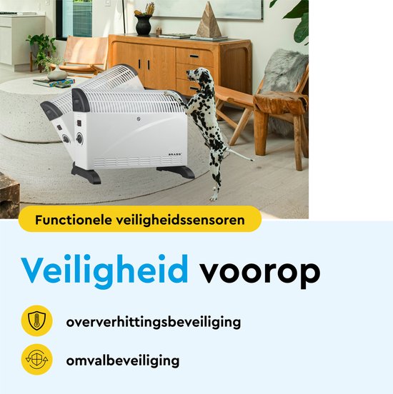 Twee witte convector kachels in een woonkamer, met een dalmatiër die er tegenaan leunt. Functionele veiligheidssensoren.