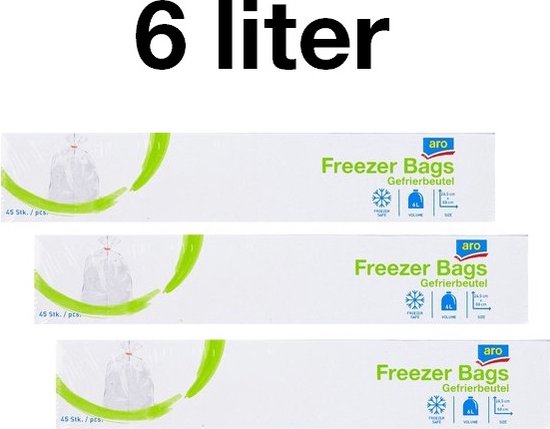 Trois boîtes de sacs de congélation ARO de 6 litres, 45 sacs chacune. L'emballage est blanc avec des accents verts et une illustration d'un sac.