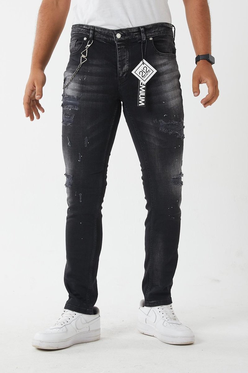 212 by XWAY JEANS 1012 - RIPPET MET PAINT SPLATTER - HEREN SLIM FIT JEANS - SPIJKERBROEK - SLIM FIT - PREMIUM STREET FASHION - ZWART