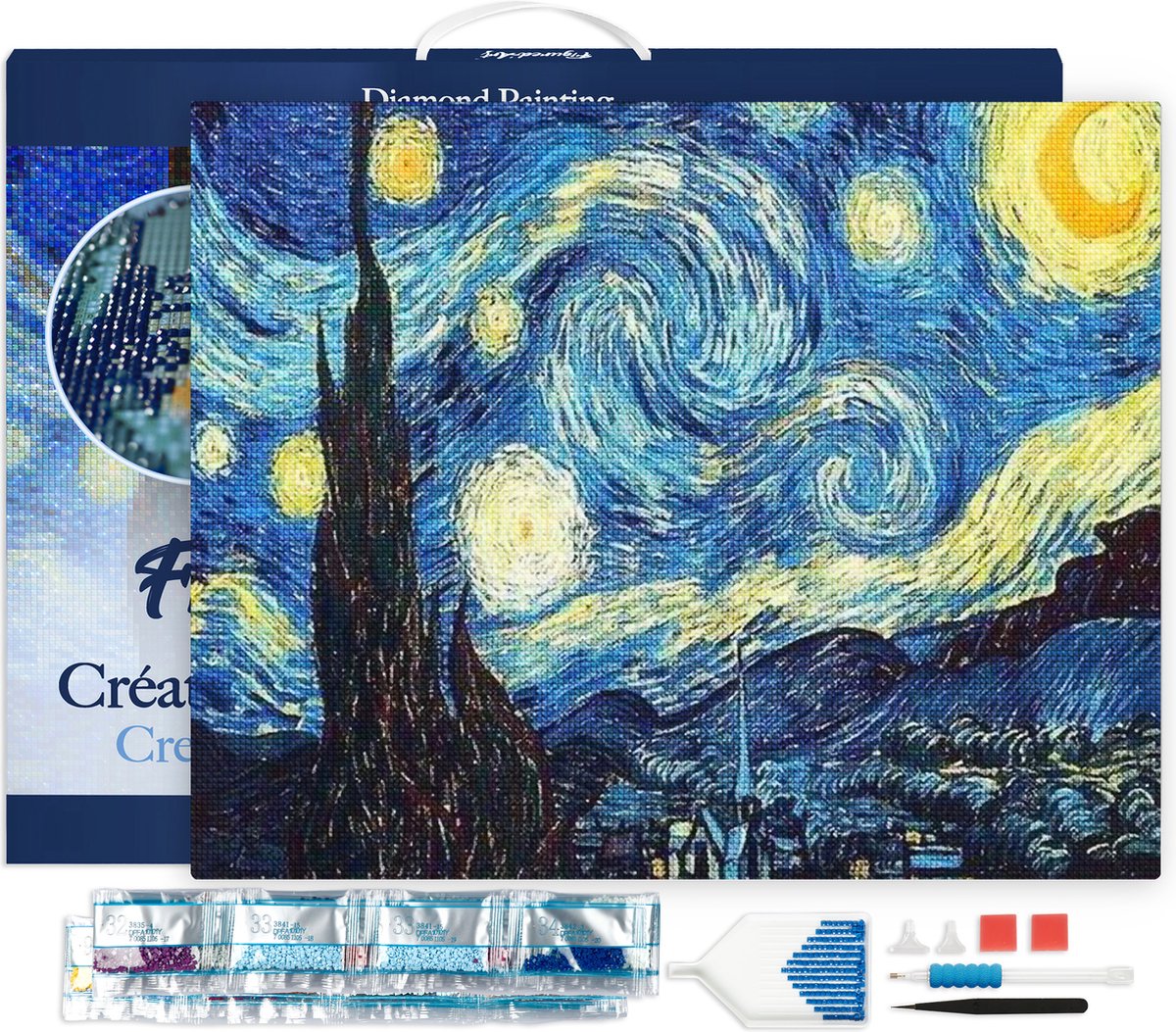 Figured'Art Diamond Painting set Volwassenen 40x50 cm met lijst Van Gogh Sterrennacht - 5D DIY Art full drill vierkante diamant - Canvas al ingelijst