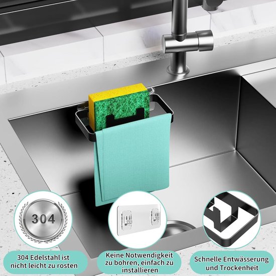 Aanrecht organizer hangend, keuken gootsteen caddy sponshouder roestvrij staal sponshouder voor keuken gootsteen, zeeporganizer gootsteen caddy organizer met afvoerpan, handdoekhouder en haak (zwart