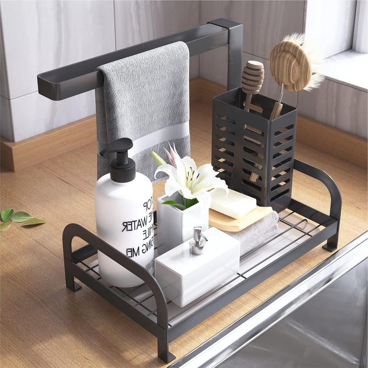 Caddy Organizer - Zwarte Keuken en Badkamer Spoelbakhouder met Afvoer - Sponshouder, Borstelhouder, Theedoekenhouder vaatdoekhouder