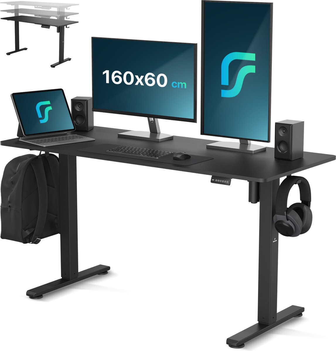 Flowsense Zit Sta Bureau - Verstelbaar Elektrisch Game Bureau - Incl. Headsethouder en Kabelgoot - 160 x 60 cm - Zwart