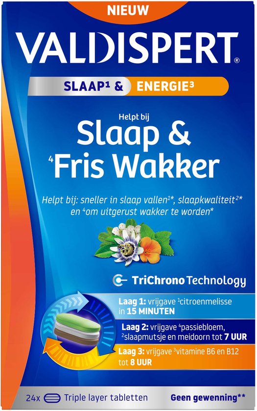 Valdispert Slaap & Fris wakker - Citroenmelisse helpt om sneller in slaap te vallen* - Passiebloem helpt om uitgerust wakker te worden - Vitamine B6 - Geen gewenning** - Gefaseerde afgifte gedurende de nacht - 24 triple layer tabletten
